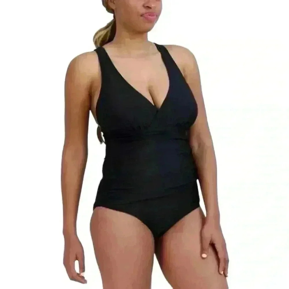 Eddie Bauer One Piece Swimsuit L Black Ruched Shaping Crossback Quick Dry UPF 50